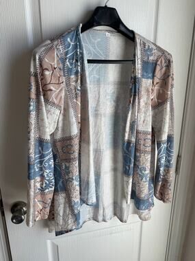 Cardigan SZ L Long Sleeve Blue Beige Patchwork Print Open Front Business Casual